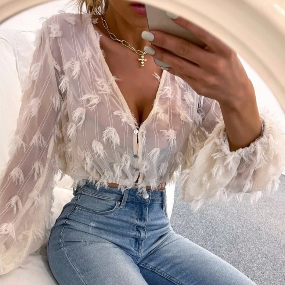 White fringe chiffon blouse